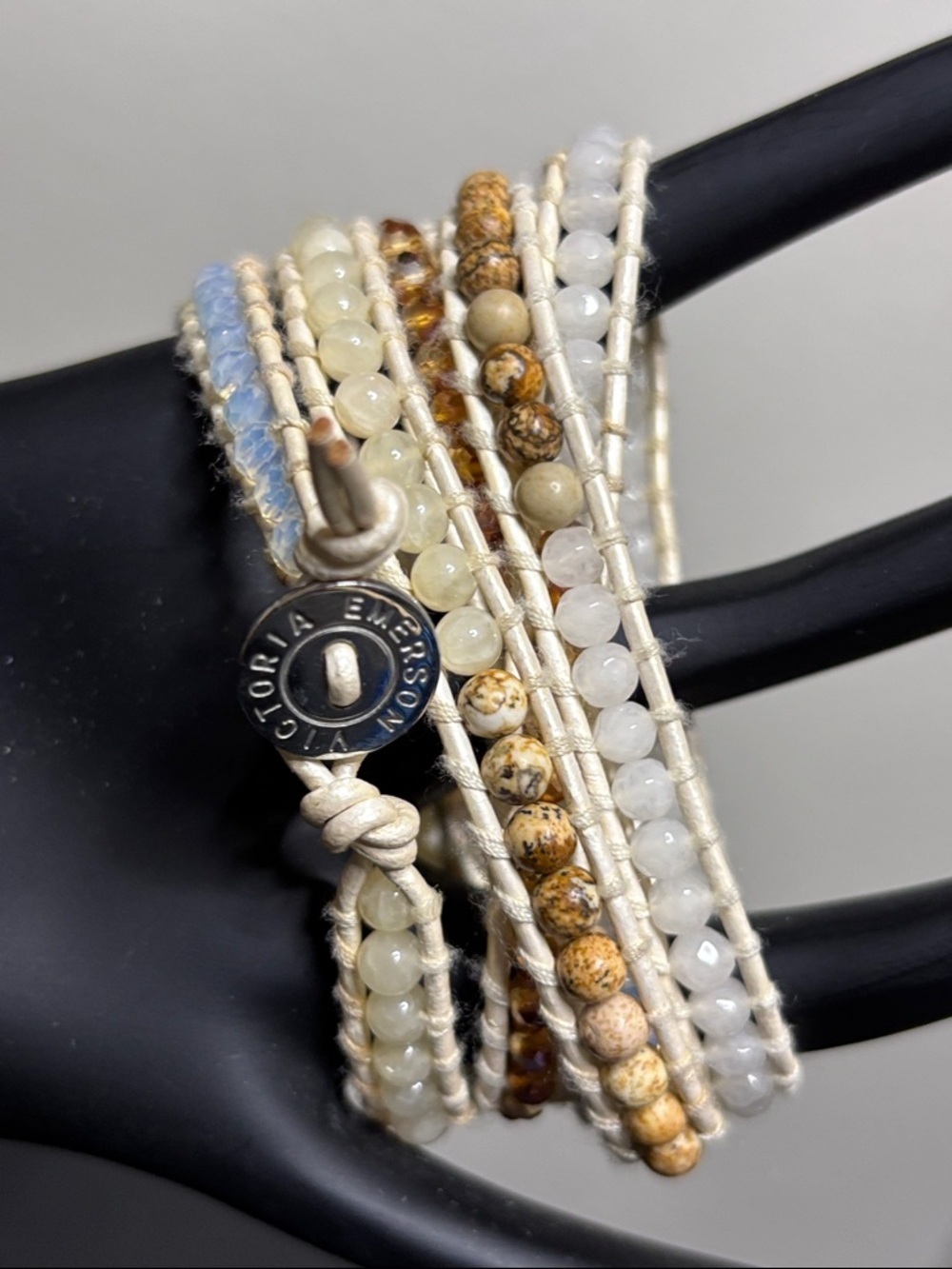Victoria Emerson Multi-Strand Beaded Wrap Bracelet Boho Cream Brown Stone